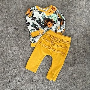 Baby girl outfit — yellow leggings with ruffle butt, floral sweater